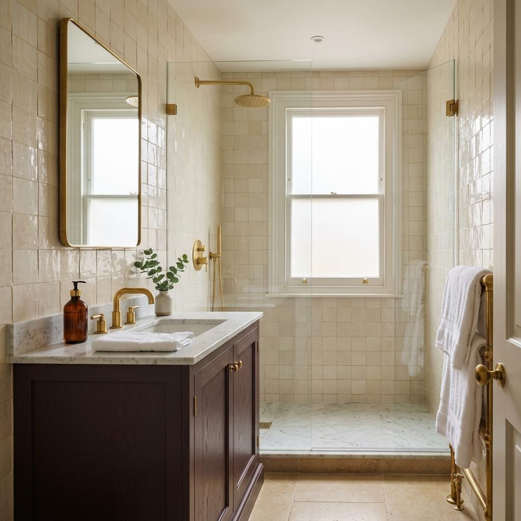 Spotless tiled bathroom with polished brass fittings