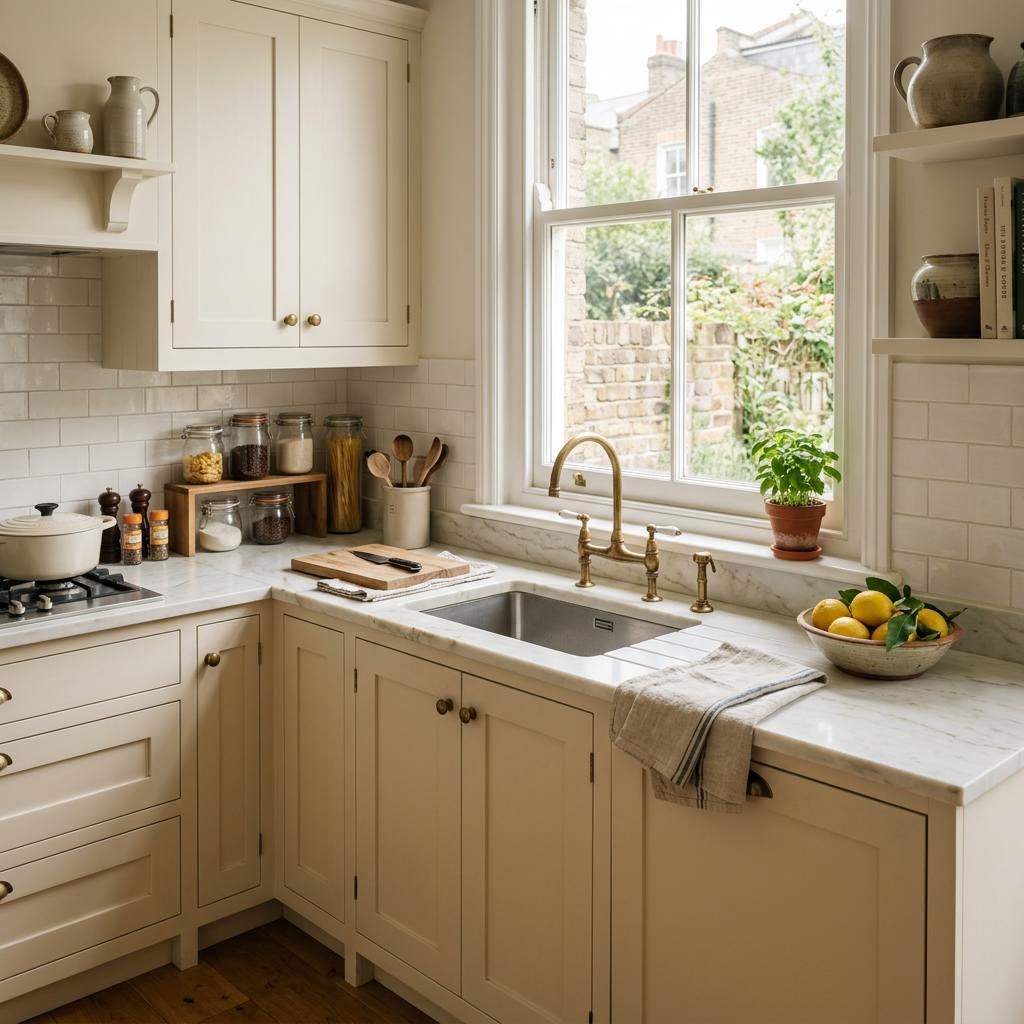 Sunlit clean kitchen with pale cabinetry and brass details
